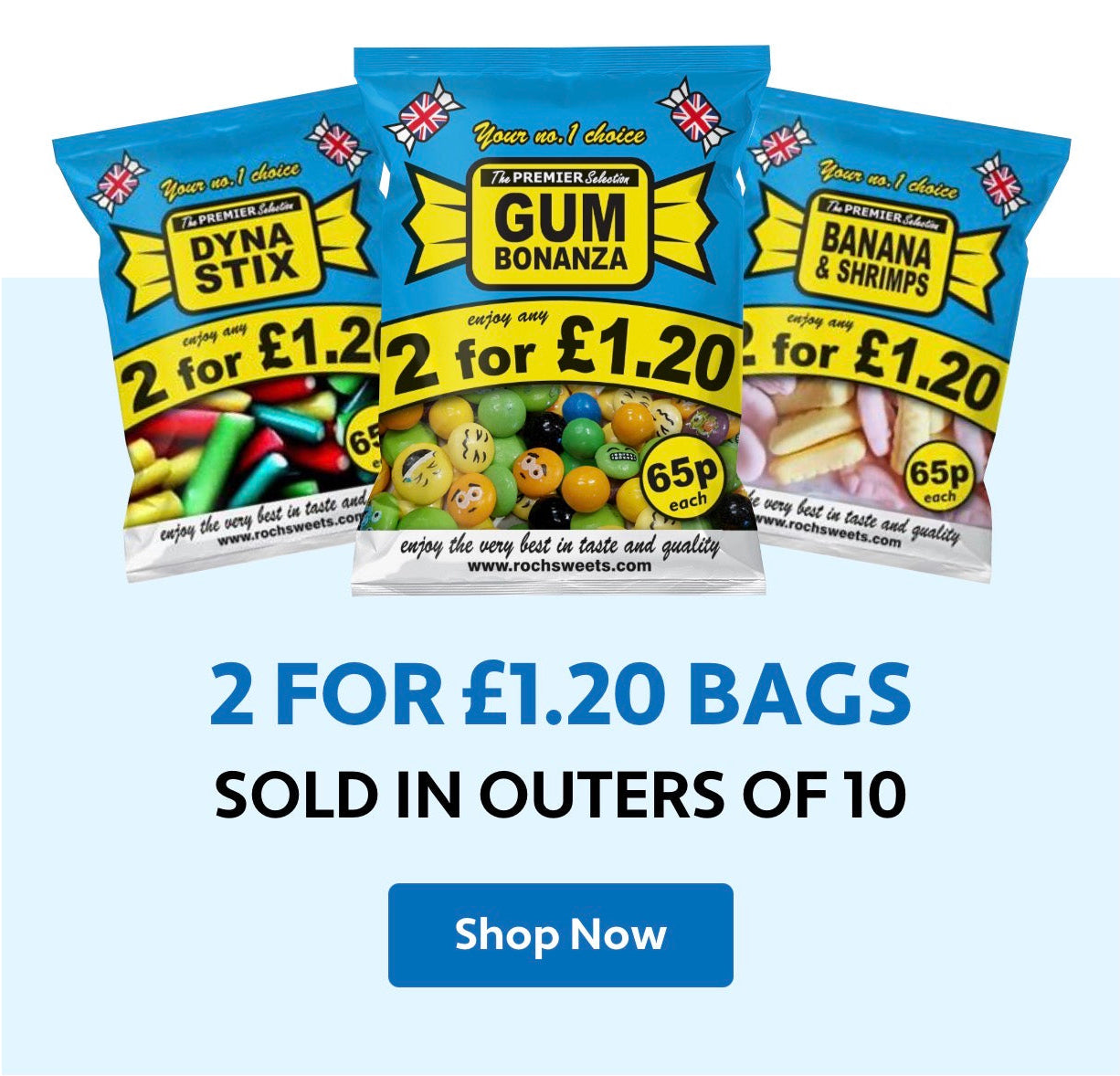 Three packages of candy with promotional text on a light blue background