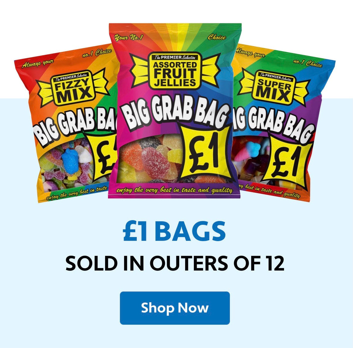 Three bags of assorted fruit jellies with colorful packaging on a white background.